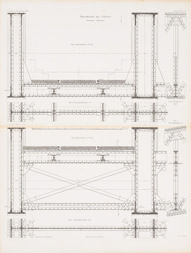 Detaillierter Konstruktionsplan einer Brücke mit beschrifteten Bauteilen wie Balken und Seilen aus einem Buch.