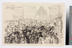 Schwarze und weiße Illustration einer Protestaktion mit Menschen, die schreien und gestikulieren, vor einem hohen Gebäude, begleitet von Text und Farbskalen auf der rechten Seite.