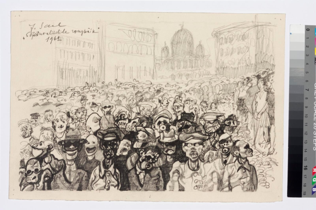 Schwarze und weiße Illustration einer Protestaktion mit Menschen, die schreien und gestikulieren, vor einem hohen Gebäude, begleitet von Text und Farbskalen auf der rechten Seite.