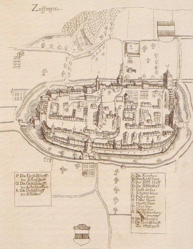 Detailierte alte Karte von Zoffingen, Deutschland, zeigt Straßen, Gebäude, Bäume und Text auf altem Papier.