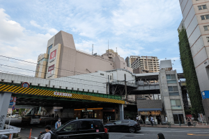 Eine belebte Stadtstraße mit fahrenden Autos, Fußgängern auf dem Gehweg, Verkehrsleitkegeln, Verkehrszeichen, einer Brücke, Gebäuden mit Fenstern, Bäumen und einem bewölkten Himmel im Hintergrund.