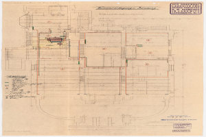 Architektonische Zeichnung des Rosenhof-Krankenhauses in Hamburg, Deutschland, mit detaillierter Planung mit zahlreichen Kabeln und beschrifteten Räumen, Fluren und Merkmalen auf altem Papier.