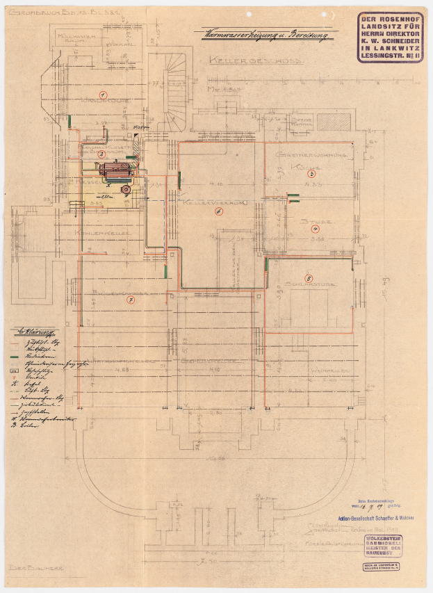 Architektonische Zeichnung des Rosenhof-Krankenhauses in Hamburg, Deutschland, mit detaillierter Planung mit zahlreichen Kabeln und beschrifteten Räumen, Fluren und Merkmalen auf altem Papier.