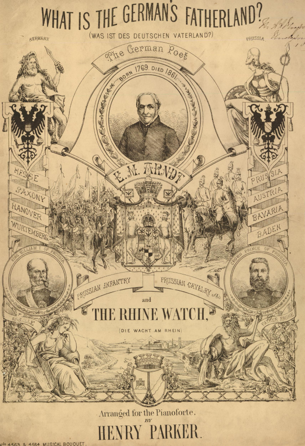 Eine Zeitung mit Bildern von Menschen und dem Text "Was ist das Vaterland der Deutschen? Die Rheinguard von Henry Parker."