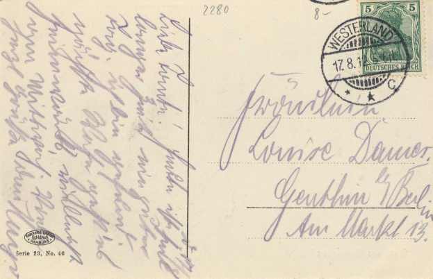 Alte deutsche Postkarte mit einer 5c-Marke, versandt nach Westerland, Deutschland.