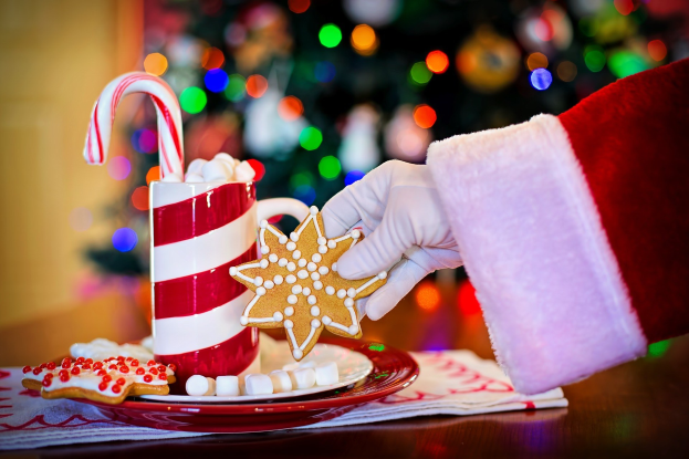 Ein Mensch in einem Santa Claus Hut, der eine Tasse heiße Schokolade und einen Zuckerstange hält, mit einem Teller mit Keksen und einem Tuch auf dem Tisch vor ihm, vor einem Weihnachtsbaum und einer Wand.