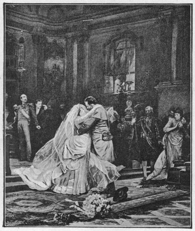 Schwarz-weißes Foto einer Braut und eines Bräutigams, die sich vor einer Menge küssen, mit einem Blumenstrauß auf dem Boden und einer fensterumrandeten Wand im Hintergrund, und Text unten.