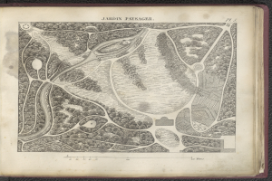 Ein altes Buch mit einer detaillierten Karte eines Parks auf dem Cover, das Bäume, Sträucher und andere Vegetation sowie Text mit Informationen über den Park zeigt.