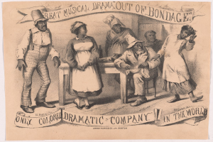 Ein Plakat mit einer Zeichnung einer Gruppe von Menschen, die um einen Tisch versammelt sind, wobei eine Person in der Mitte sitzt, und der Text "Großes musikalisches Drama aus der Gefangenschaft" unten.