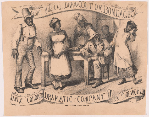 Ein Plakat mit einer Zeichnung einer Gruppe von Menschen, die um einen Tisch versammelt sind, wobei eine Person in der Mitte sitzt, und der Text "Großes musikalisches Drama aus der Gefangenschaft" unten.