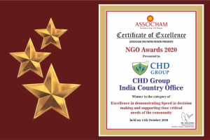 Auszeichnung 'Certificate of Excellence' für die NGO Awards 2020 an CHD Group India Country Office verliehen, mit einem Schild-Logo mit einem zentralen Stern und einem Lorbeerkranz.