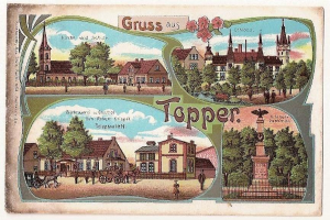 Schwarz-weiß-Postkarte einer deutschen Stadt mit Gebäuden, Bäumen, Menschen, Wagen, einer Statue, einem Zaun und einem bewölkten Himmel, mit handgeschriebener Text auf der Vorderseite.