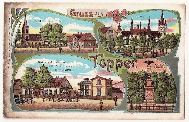 Schwarz-weiß-Postkarte einer deutschen Stadt mit Gebäuden, Bäumen, Menschen, Wagen, einer Statue, einem Zaun und einem bewölkten Himmel, mit handgeschriebener Text auf der Vorderseite.