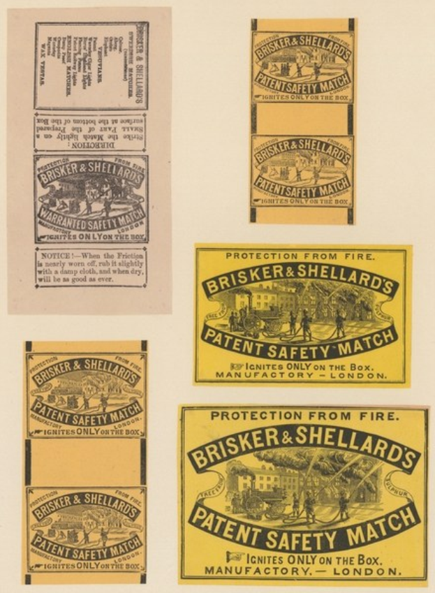 Papier mit "Brisker & Shellard's Patent Safety Match"-Text auf angehefteten Zetteln.