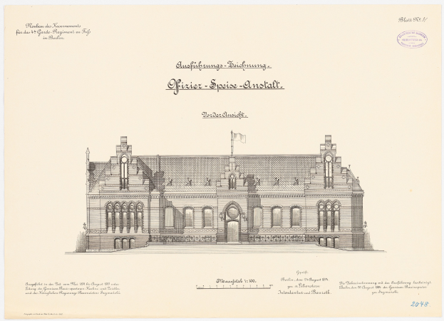 Eine Zeichnung des Hauptsaals des Deutschen Bundestages in Berlin, mit einer Flagge darauf, und begleitendem Text.