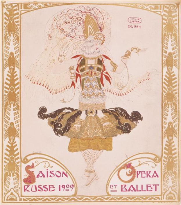 Plakat für die Pariser Ballettsaison 1909 mit dem Titel "Saison Russe" mit einer gemalten Tänzerin in einer anmutigen Pose.