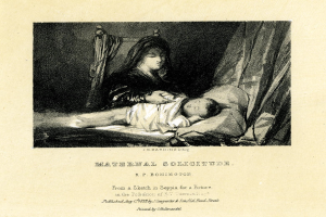 Eine Frau in einem weißen Kleid sitzt auf einem Bett und hält ein Baby nah an ihrer Brust, während beide einander friedlich anschauen, mit der Überschrift "Maternal Solitude by R.P. Bonington" unten.
