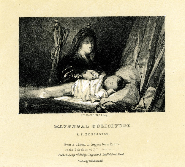 Eine Frau in einem weißen Kleid sitzt auf einem Bett und hält ein Baby nah an ihrer Brust, während beide einander friedlich anschauen, mit der Überschrift "Maternal Solitude by R.P. Bonington" unten.