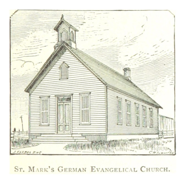 Eine Zeichnung der St. Markus-Kirche mit einem zentralen Haus und Text unten.