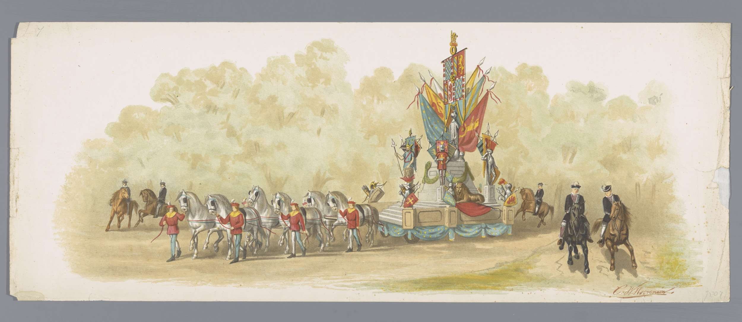 Gemälde von Menschen in bunten Kostümen auf Pferden bei einem Karnevalsumzug, mit einem geschmückten Wagen, Bäumen und einem klaren blauen Himmel im Hintergrund.