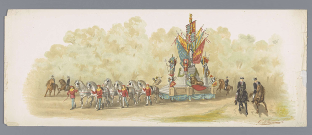 Gemälde von Menschen in bunten Kostümen auf Pferden bei einem Karnevalsumzug, mit einem geschmückten Wagen, Bäumen und einem klaren blauen Himmel im Hintergrund.