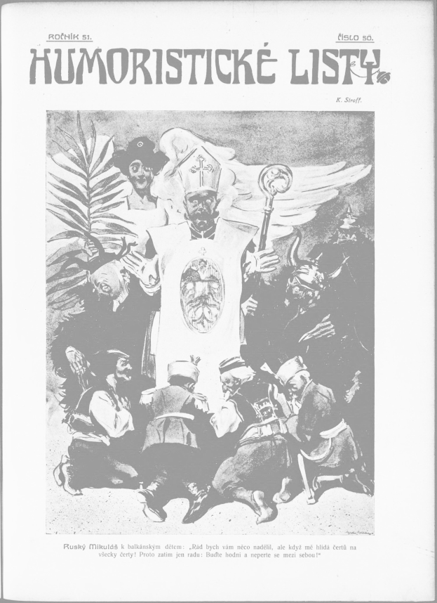Schwarzes und weißes Foto einer vielseitigen Gruppe von Menschen, die sich um ein Plakat im Retro-Stil versammelt haben, das mit 'Humoristische Liste' beschriftet ist.