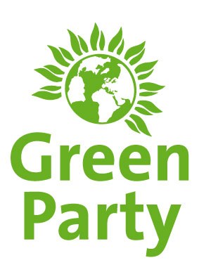 Grünen-Logo mit einem grünen Kreis mit weißer Umrandung und einem Stern, der die zentrierte weiße Schrift "Grüne Partei" in einer fetten Sans-Serif-Schrift enthält.