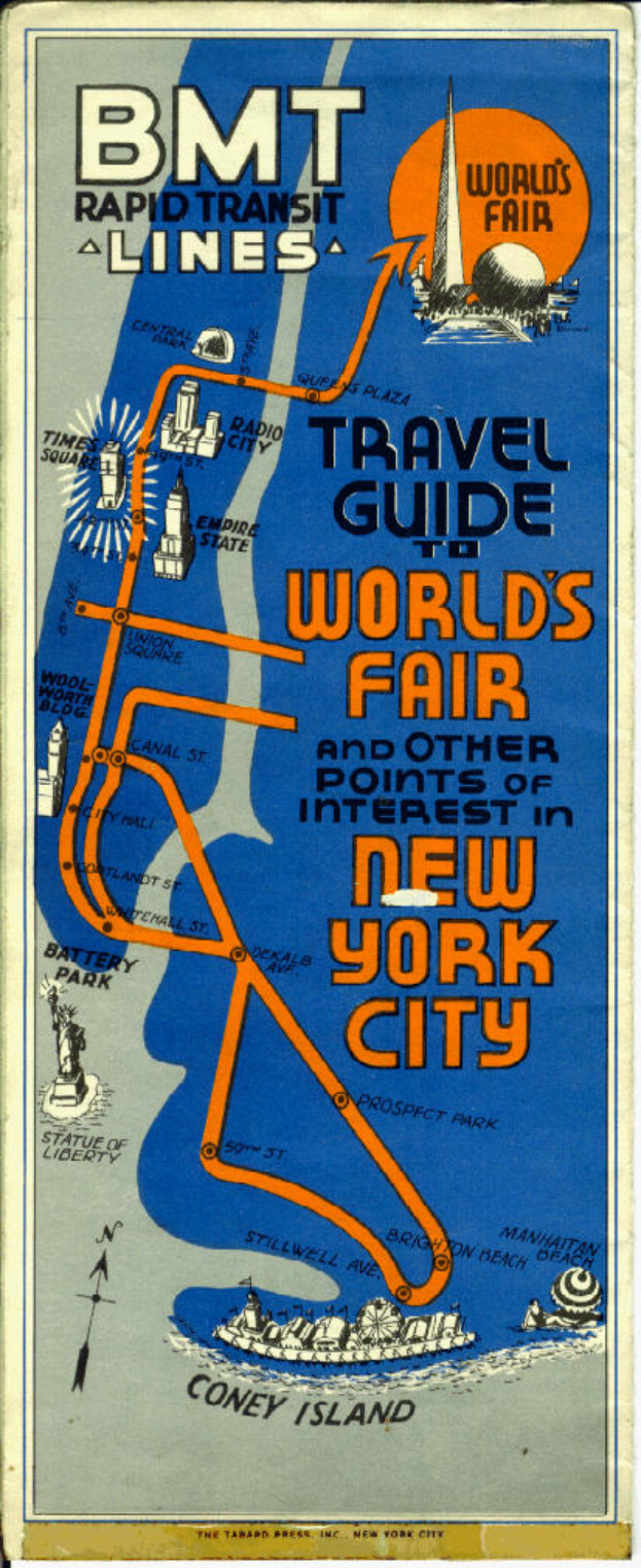 Ein Plakat mit einer Karte der Weltausstellung in New York City, auf dem Text steht, der Informationen über die Ausstellung und ihre Attraktionen enthält.