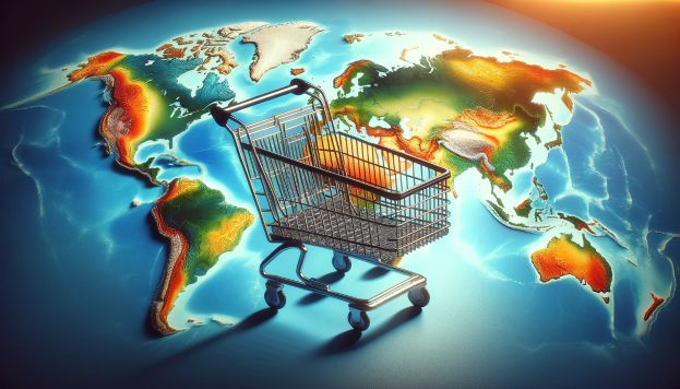 Ein Einkaufswagen voller Lebensmittel vor einer Weltkarte, symbolisiert globalen E-Commerce und die Bequemlichkeit des Online-Einkaufs von Lebensmitteln.