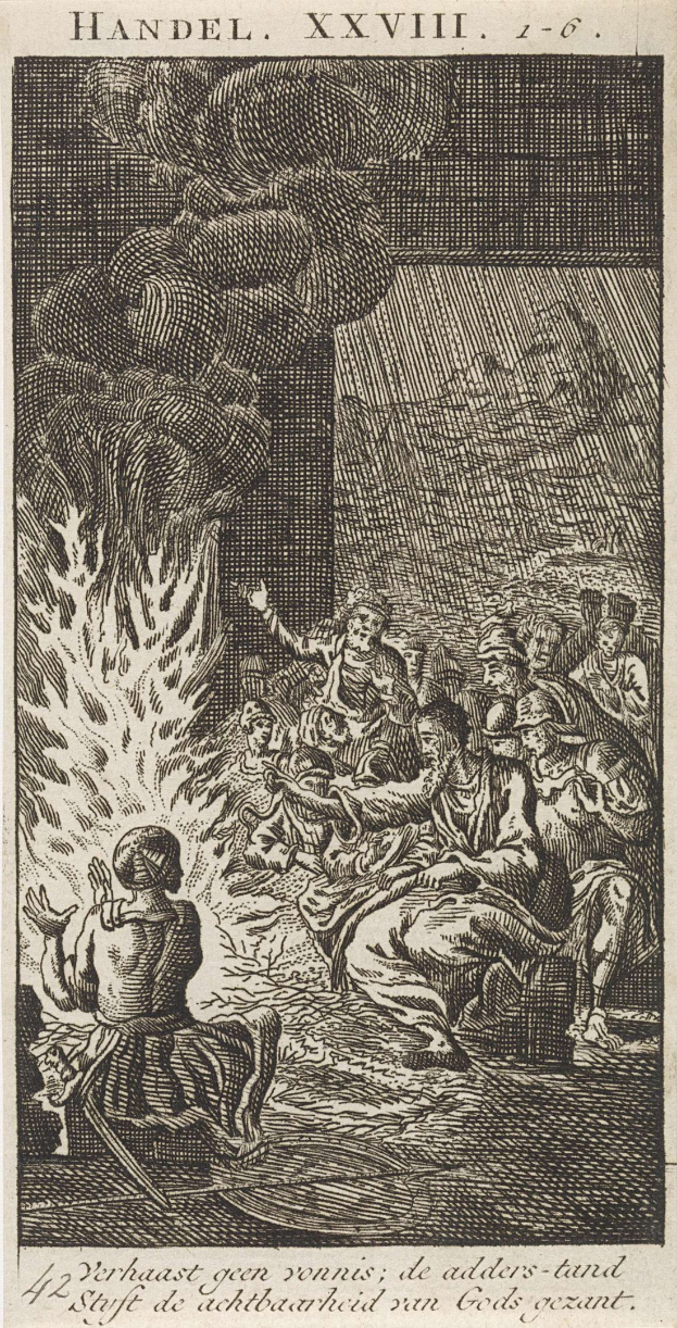 Schwarze und weiße Gravur einer Gruppe von Menschen, die sich um ein helles Feuer versammelt haben, einige schauen ängstlich nach oben und andere ehrfürchtig nach unten, mit Text oben und unten auf dem Papier.