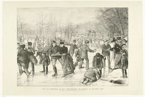 Gruppe von Menschen beim Eislaufen in einem Park mit Bäumen und einer Brücke im Hintergrund, Text unten lautet "Het us-vermaak in het vondelpark op zondag 10 januari 1887".