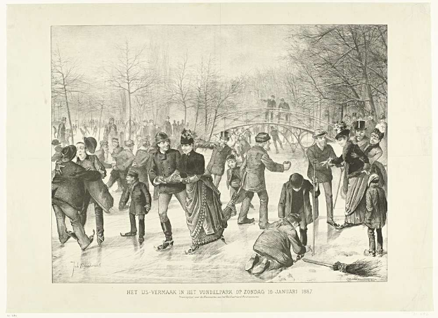 Gruppe von Menschen beim Eislaufen in einem Park mit Bäumen und einer Brücke im Hintergrund, Text unten lautet "Het us-vermaak in het vondelpark op zondag 10 januari 1887".