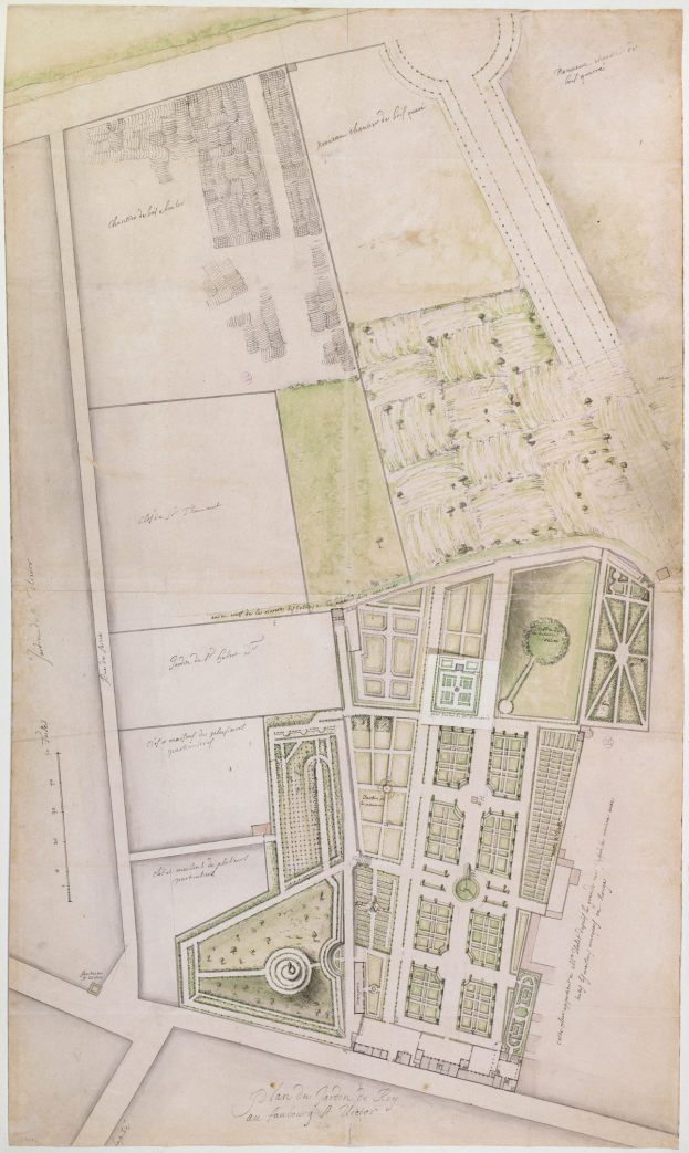 Detailierter Stadtplan auf Papier mit Gebäuden, Bäumen, Straßen, Parks und Sehenswürdigkeiten mit begleitendem Text.