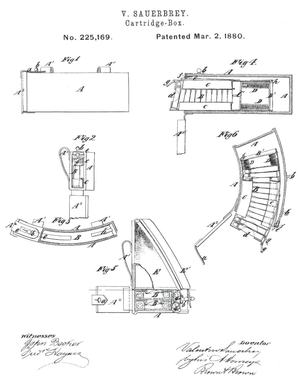 Ein detailliertes technisches Konstruktionsbild einer Maschine mit zahlreichen beschrifteten Teilen, einschließlich eines Patronenschacht-Patents aus dem Jahr 1880, begleitet von erklärendem Text.
