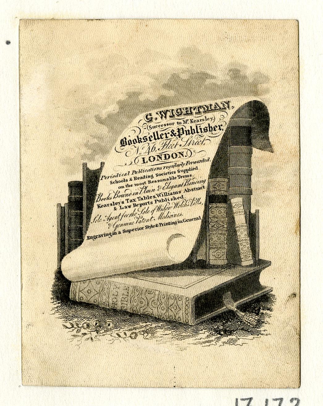 Ein abgenutztes Buch mit einer ausgerollten Schriftrolle darauf, umgeben von zusätzlichen Büchern und einem Blatt Papier mit Text, mit dem Wort "Buchhändler" darunter.