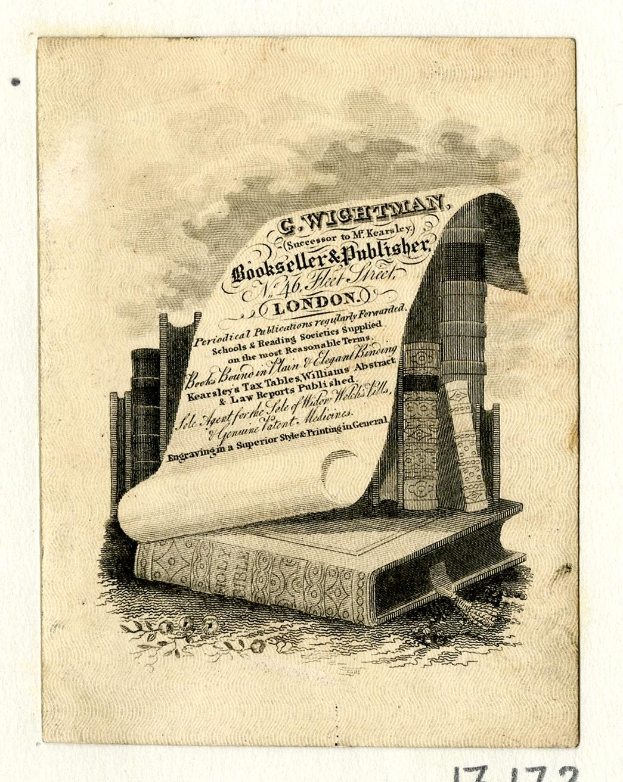 Ein abgenutztes Buch mit einer ausgerollten Schriftrolle darauf, umgeben von zusätzlichen Büchern und einem Blatt Papier mit Text, mit dem Wort "Buchhändler" darunter.