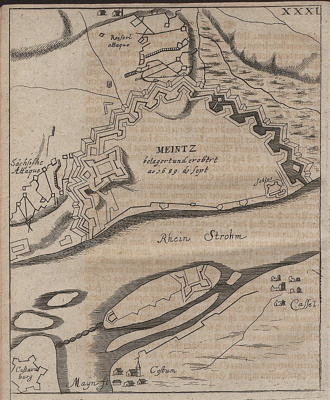 Alte detaillierte Karte von Meintz, Deutschland, zeigt Straßen, Gebäude, Sehenswürdigkeiten und historische Texte einschließlich Bevölkerungs- und Standortinformationen.