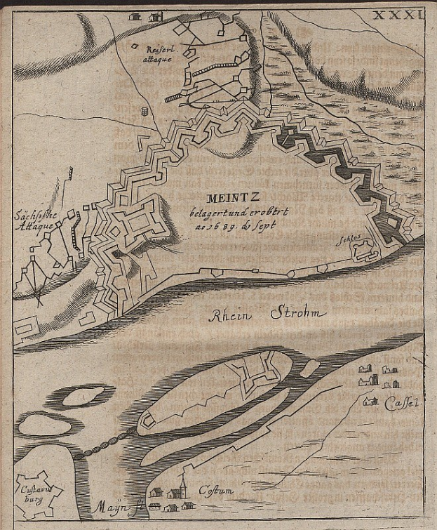 Alte detaillierte Karte von Meintz, Deutschland, zeigt Straßen, Gebäude, Sehenswürdigkeiten und historische Texte einschließlich Bevölkerungs- und Standortinformationen.