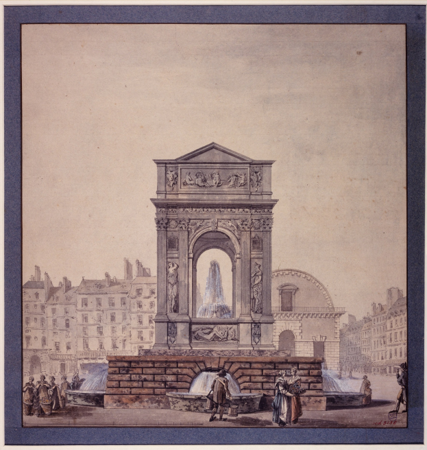 Ein gerahmtes Bild einer Brunnenanlage in einem Stadtplatz, umgeben von Gebäuden und Menschen, mit einem klassischen Rahmen.