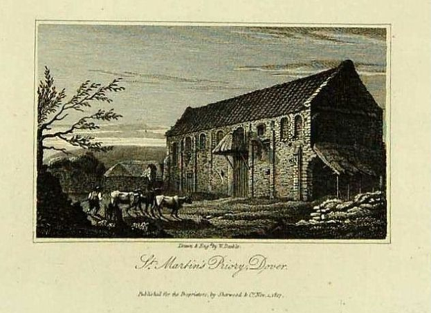 Eine Gravur von St. Martins Priorei mit einem Haus, Bäumen, Tieren und einem Himmel im Hintergrund sowie einem Text unten.