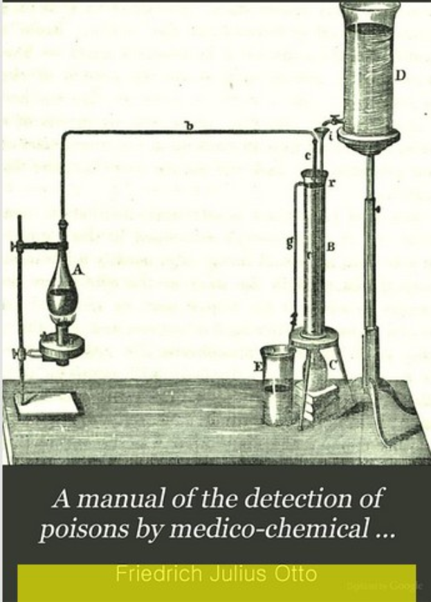 Ein Plakat mit der Überschrift "Ein Handbuch zur Detektion von Giften durch Medizinalchemie" mit einem zentralen Bild eines mit Flüssigkeit gefüllten Reagenzglases, umgeben von anderen Reagenzgläsern und Reagenzröhrchen.