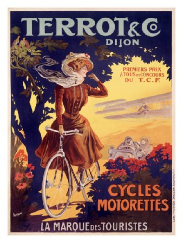 Ein Plakat, das eine Fahrradtour in Frankreich ankündigt, zeigt eine Frau, die ein Fahrrad unter Bäumen, Blumen und anderen Menschen fährt, mit Text, der die Tour beschreibt.