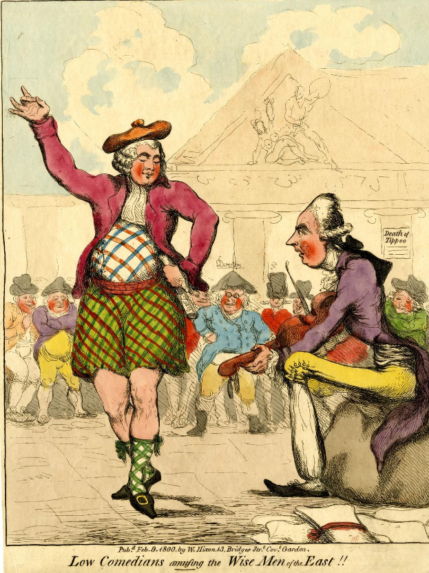 Cartoon-Illustration eines Mannes in einem Kilt und einer Frau in einem Kleid, die vor einem Publikum auf einer Bühne stehen, mit einem Gebäude im Hintergrund und Wolken am Himmel, und der Text 'Niedrige Komiker, die die weisen Männer des Ostens unterhalten' unten
