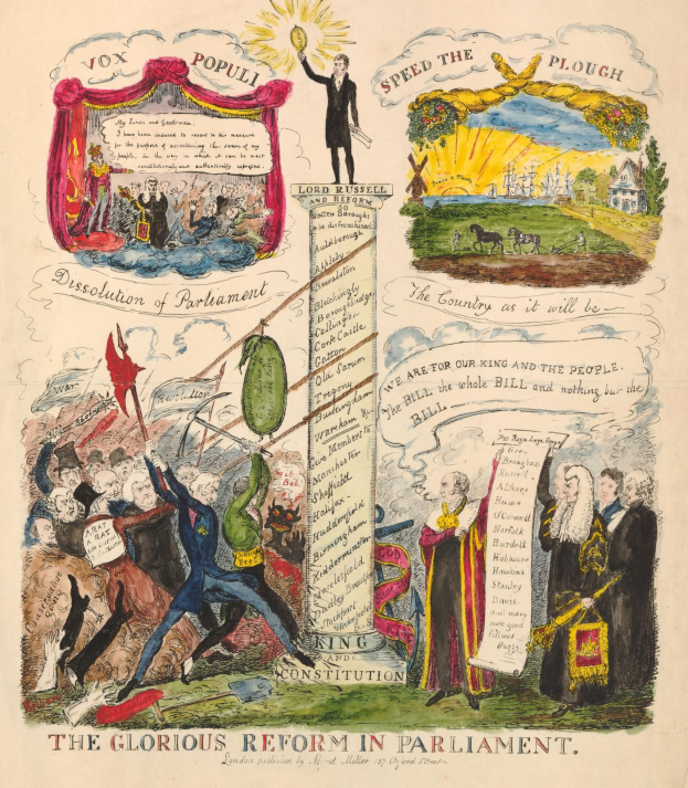 Ein buntes illustriertes Dokument mit der Überschrift "Die glorreiche Reform im Parlament", das eine klare Schriftart und verschiedene fröhliche Menschen zeigt, die Hoffnung und Fortschritt symbolisieren.