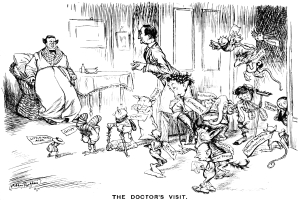 Ein Cartoon eines Arztes, der auf einem Stuhl in der Mitte eines Raumes sitzt, mit einem Tisch vor ihm, auf dem verschiedene Gegenstände liegen, und dem Text "Der Arztbesuch" unten.