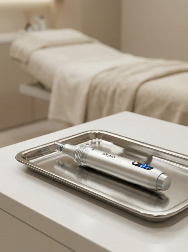Professionelles Microneedling-Gerät auf einem sterilen Untergrund in einem modernen Kosmetikstudio.