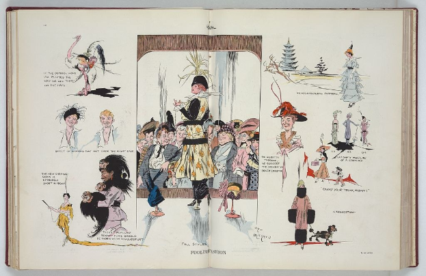 Offenes Buch mit einer Zeichnung einer vielfältigen Gruppe von Menschen in verschiedenen Kleidungsstilen, umgeben von Text und Bildern, auf einer flachen Oberfläche platziert.