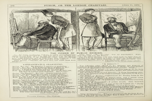 Ein altes Buch mit einer Zeichnung eines Mannes in einem Anzug, der in einem Stuhl sitzt und einen ernsthaften Ausdruck hat, und einer Frau, die neben ihm steht und nachdenklich aussieht; der Text auf der Seite lautet "Die Macht der öffentlichen Meinung".