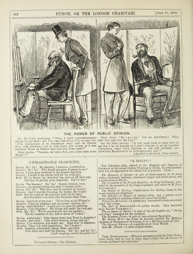 Ein altes Buch mit einer Zeichnung eines Mannes in einem Anzug, der in einem Stuhl sitzt und einen ernsthaften Ausdruck hat, und einer Frau, die neben ihm steht und nachdenklich aussieht; der Text auf der Seite lautet "Die Macht der öffentlichen Meinung".