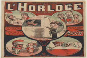 Plakat für ein Konzert im Chorloge-Theater in Paris mit einer Gruppe von Menschen in farbenfrohen Kostümen umgeben von Text.